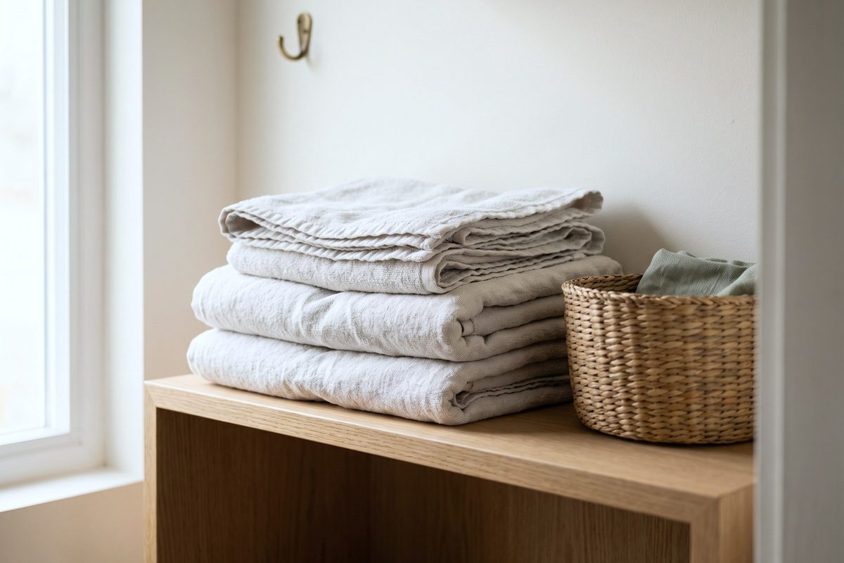 Folded white towels and a woven basket on a wooden bench