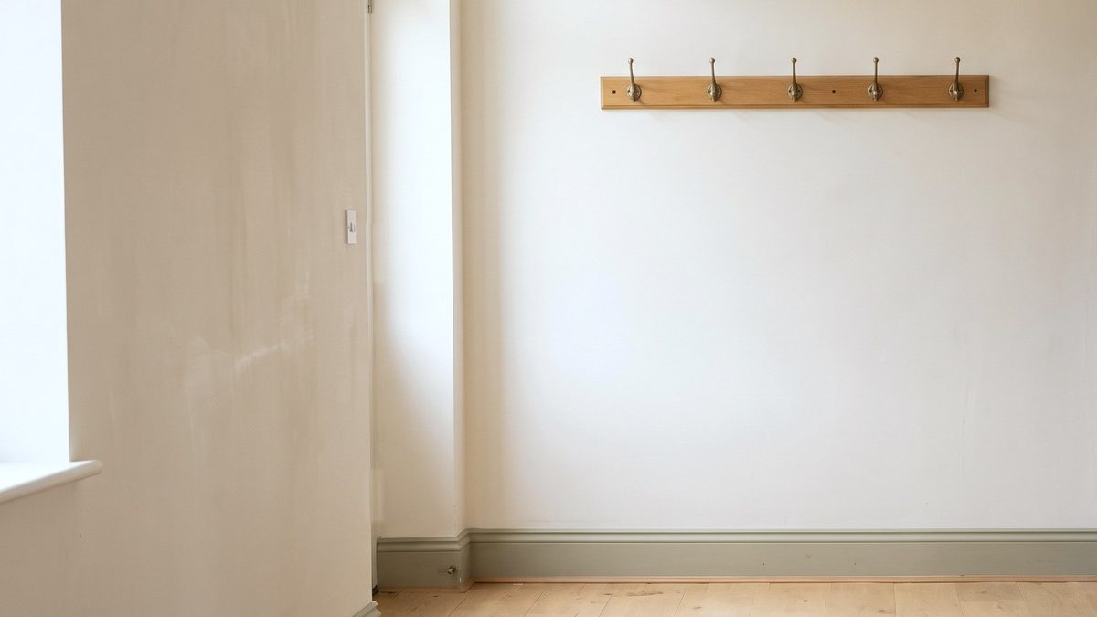 Empty entryway with a wooden coat rail and soft daylight