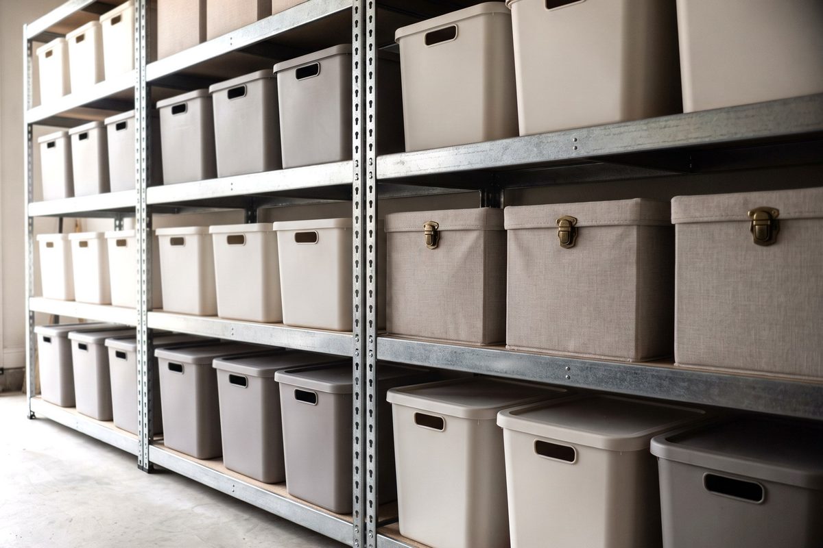 Lidded storage bins lined up on metal garage shelving