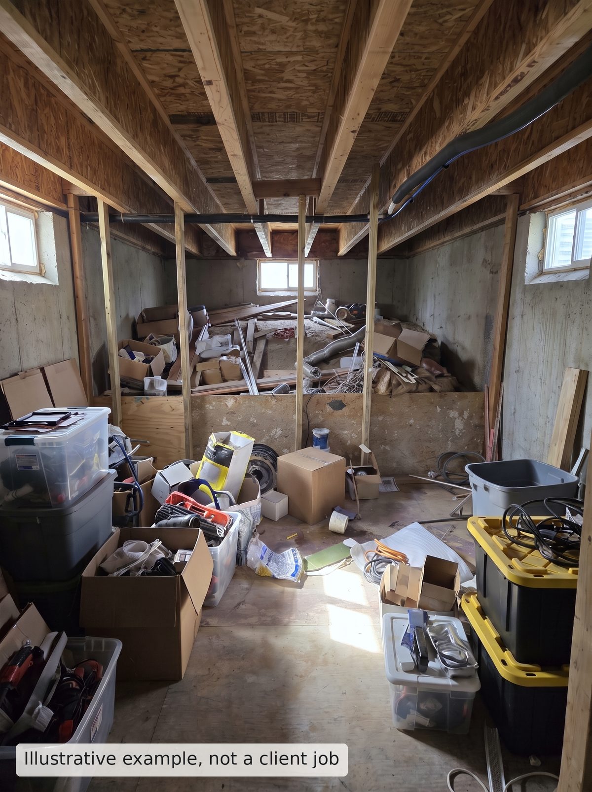 Illustrative example, before: unfinished basement with boxes, bins and debris on the floor