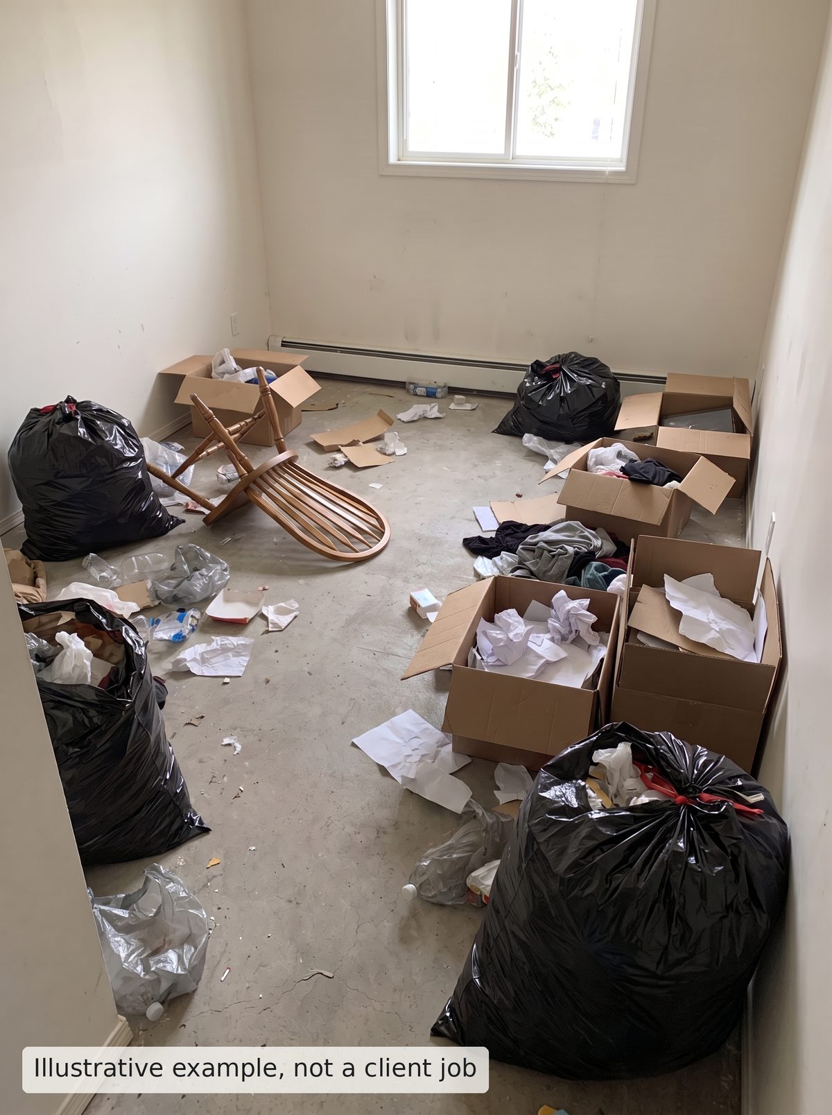 Illustrative example, before: room with trash bags, boxes and loose debris on the floor