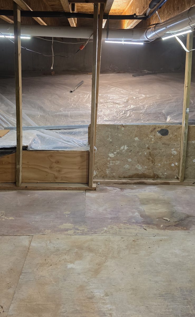 After: the same basement cleared and swept, bare concrete floor and plastic sheeting along the crawl space